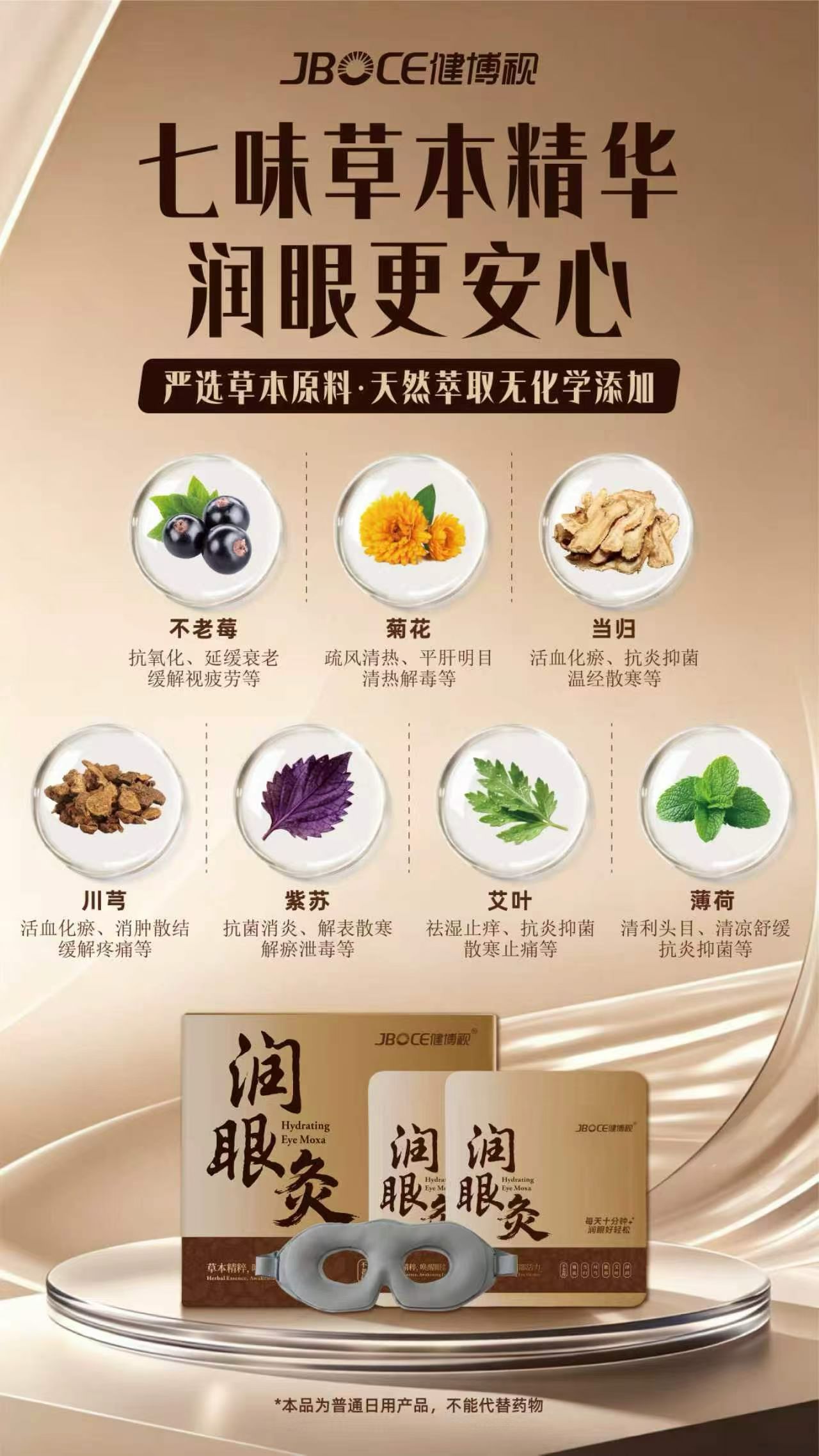 🌿 七味草本，一味安心。

润眼灸的核心，来自七种植物精华——
菊花清润、薄荷舒爽、川芎温养……
每