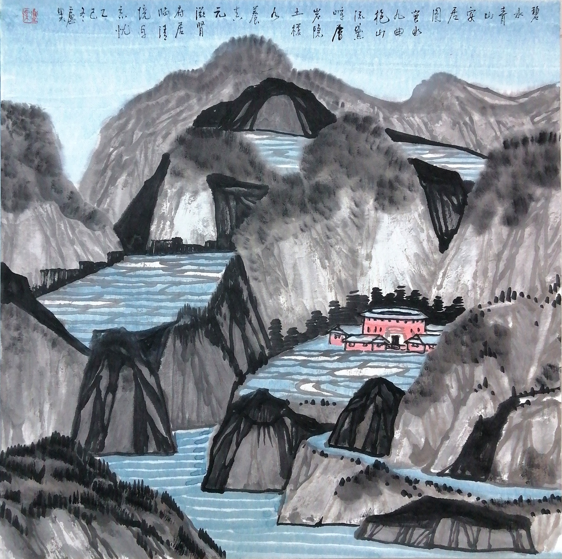 《碧水青山安居图》以君臣佐使、五行生克绘就，贴合冬日气机：
 
- 君：玄墨山石（黑属水入肾），主冬