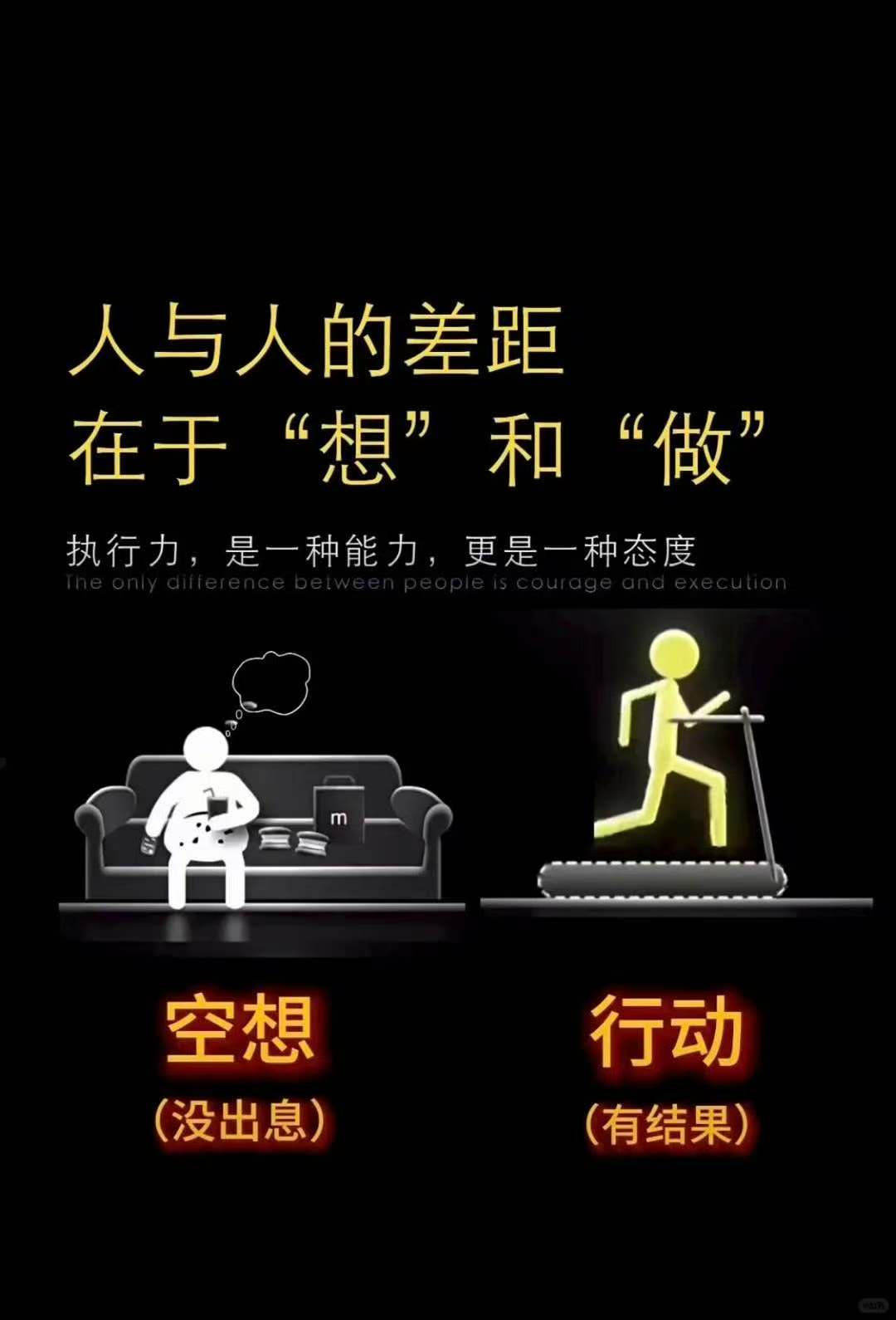 空想，不是终点。
行动，才是关键。
输，输在犹豫。
赢，赢在执行。
人生每一步，
不在思考，而在实践