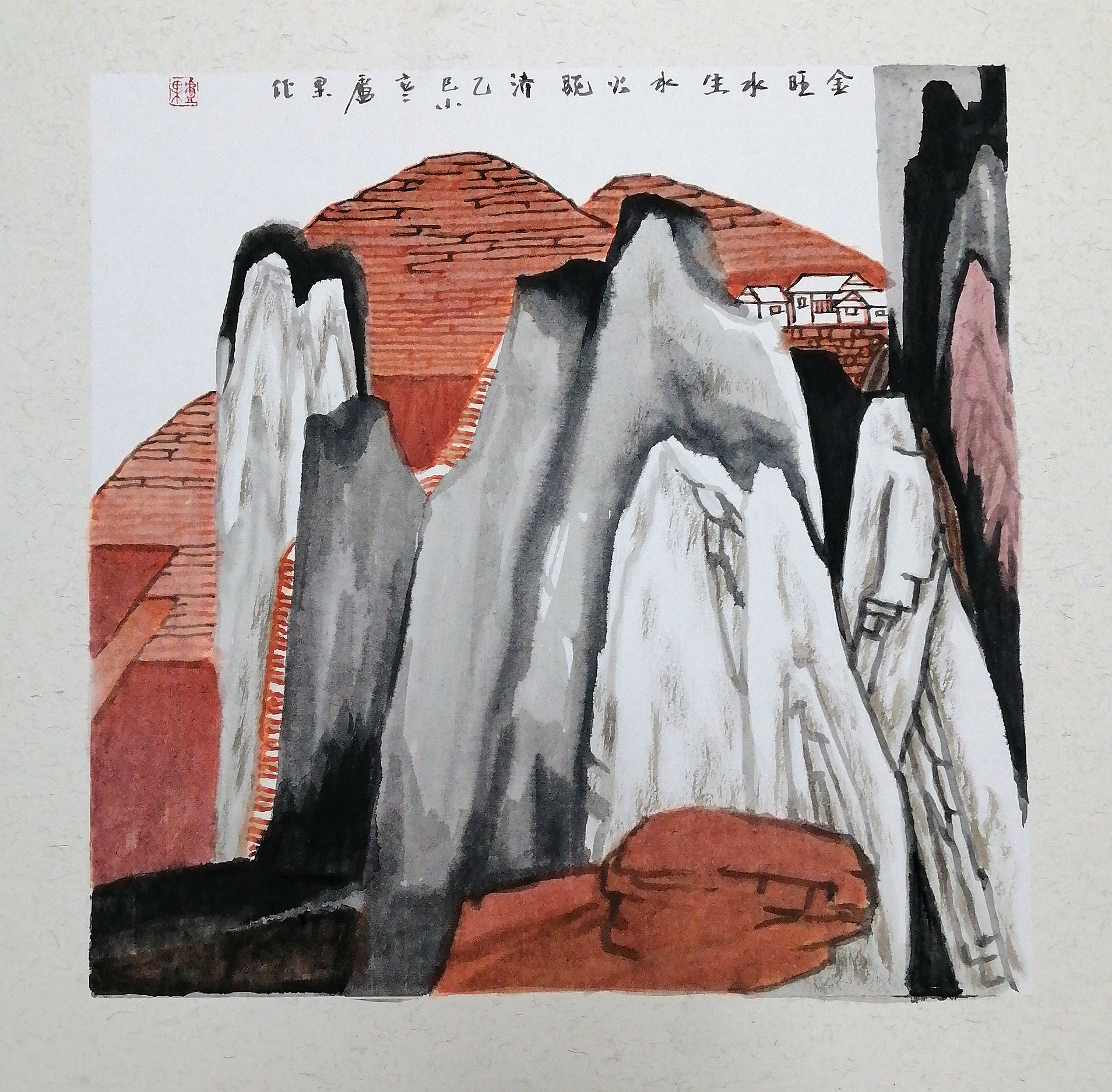 《金旺水生》是卢果严格依照君臣佐使配伍逻辑与五行生克理论，结合秋日气机创作的五色养生山水，践行“按需