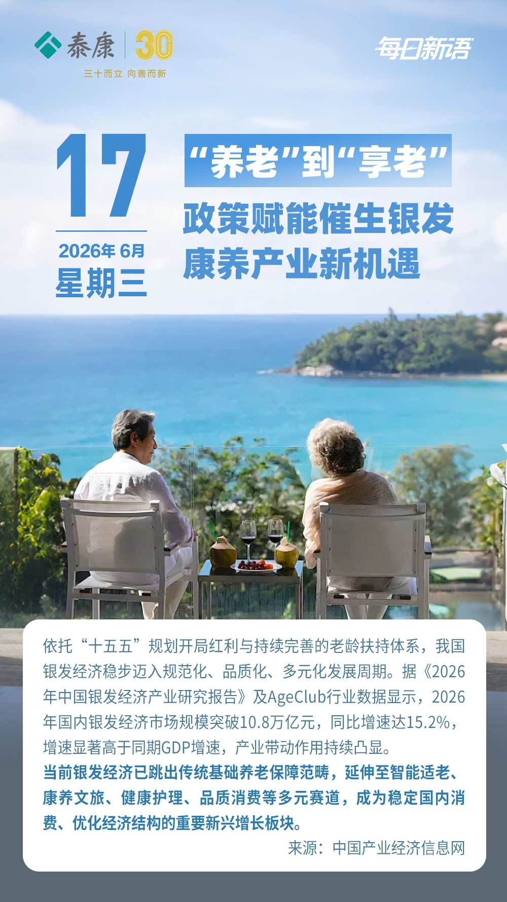 周三早安｜每日新语
时代正在从单纯“养老”转向舒心“享老”。
政策持续扶持下，今年银发经济市场规模突