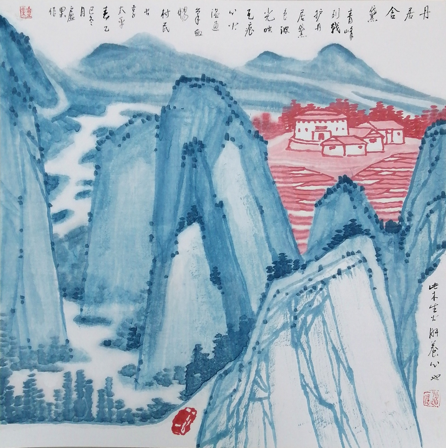 卢果山水《丹居含黛》以青蓝水色为君，滋阴清暑制衡小暑夏火；山间红舍朱砂火色为臣，温通心气；溪流留白金