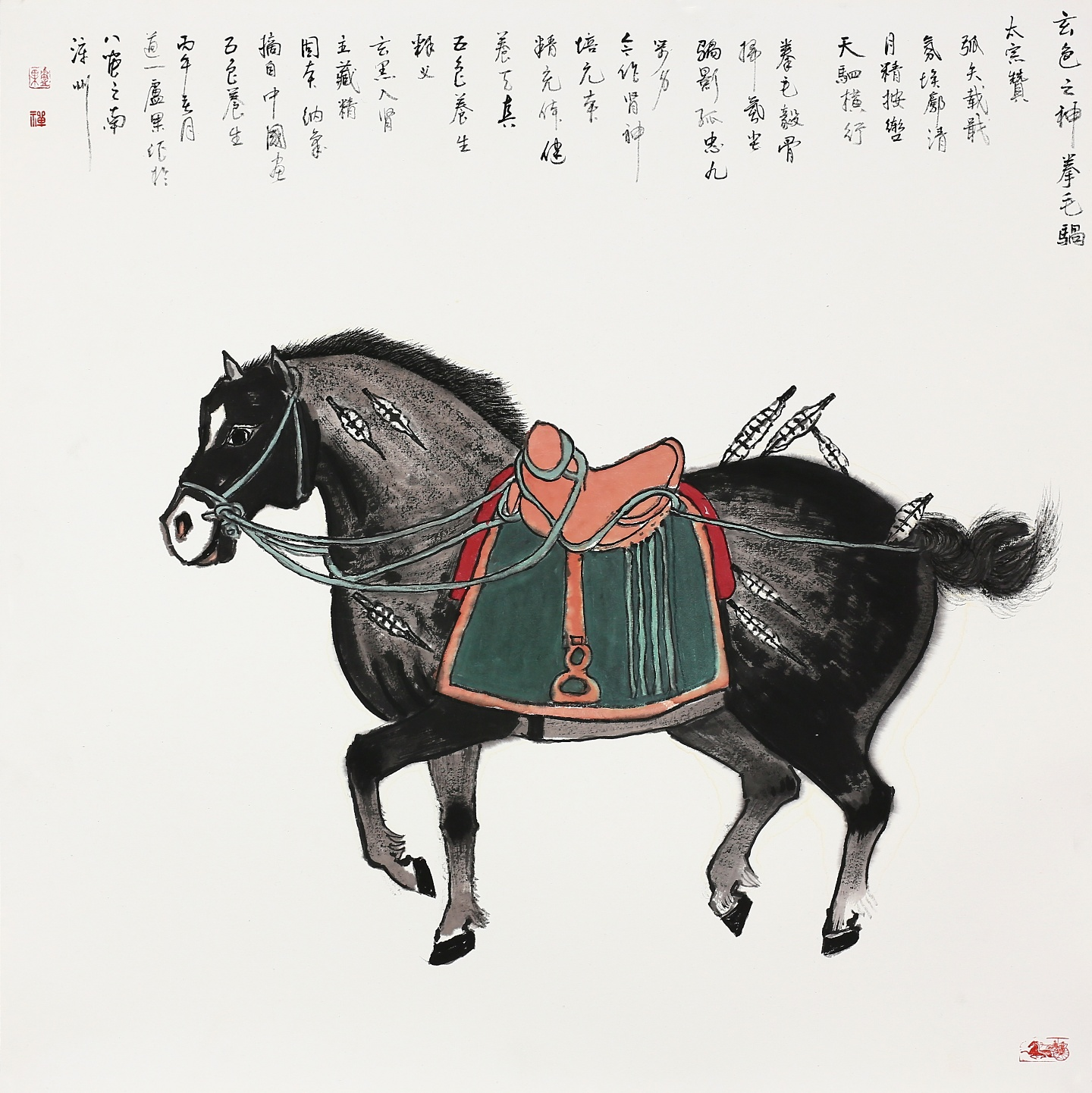 《玄色之神拳毛騧》三色合养简释
 
卢果昭陵六骏养生国画《玄色之神拳毛騧》，承“玄白生五色”本源论。