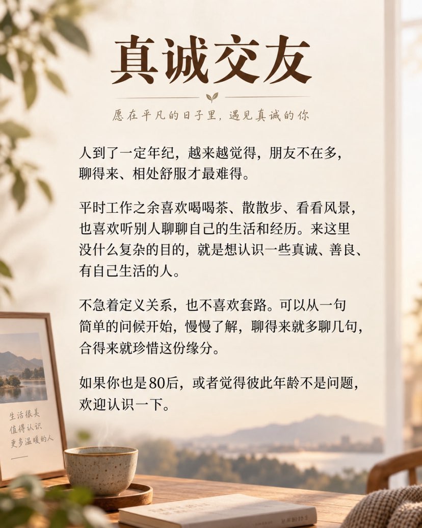 人到了一定年纪，越来越觉得，朋友不在多，聊得来、相处舒服才最难得。

平时工作之余喜欢喝喝茶、散散步