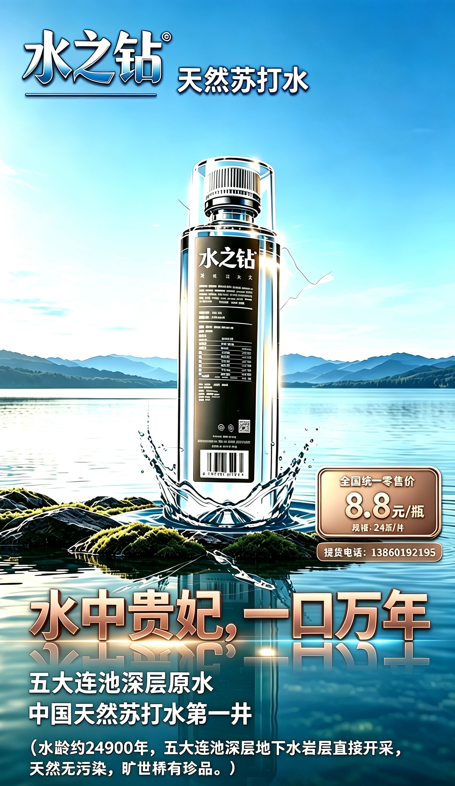 水之钻天然苏打水优势：
水之钻天然苏打水源自黑龙江深层珍稀水源，天然弱碱性pH8.0，无人工添加，富