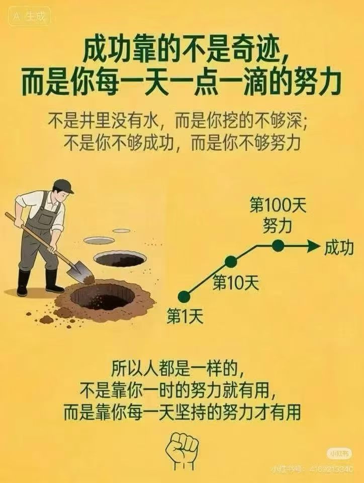 成功靠的从来不是突如其来的奇迹，
而是日复一日，点滴不停的坚持，
 不要挖了两下就选择放弃，
再深耕