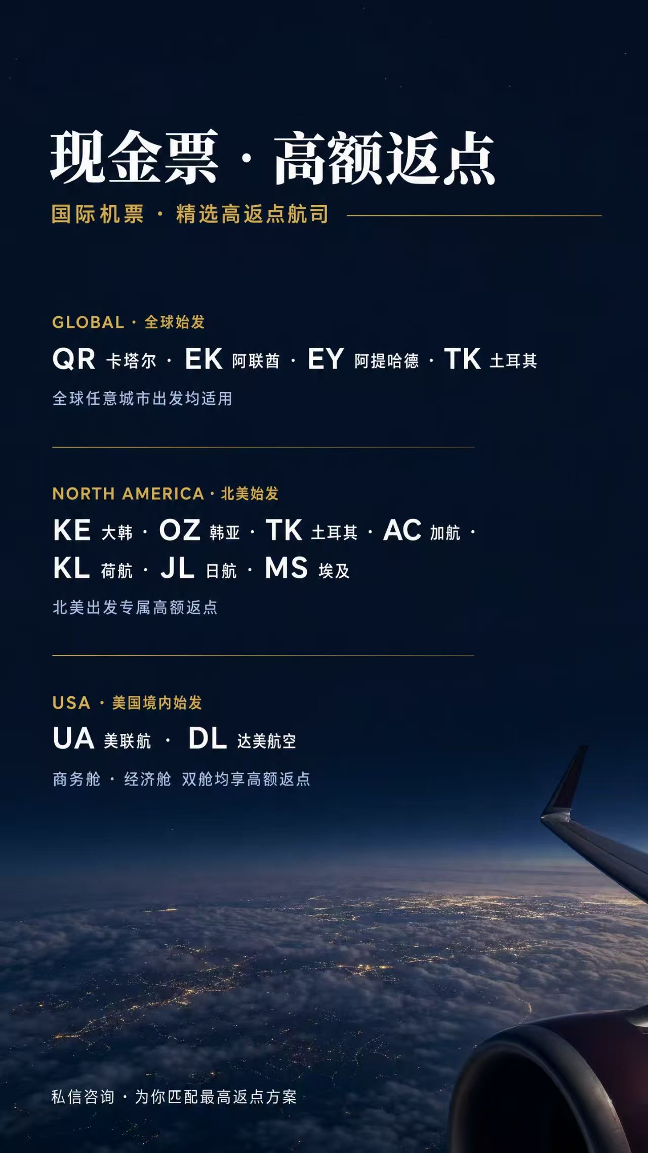 ✈️ 买国际机票，返点这件事很多人没算清楚
整理了我们在售的高返点航司:
1，全球始发： QR · 